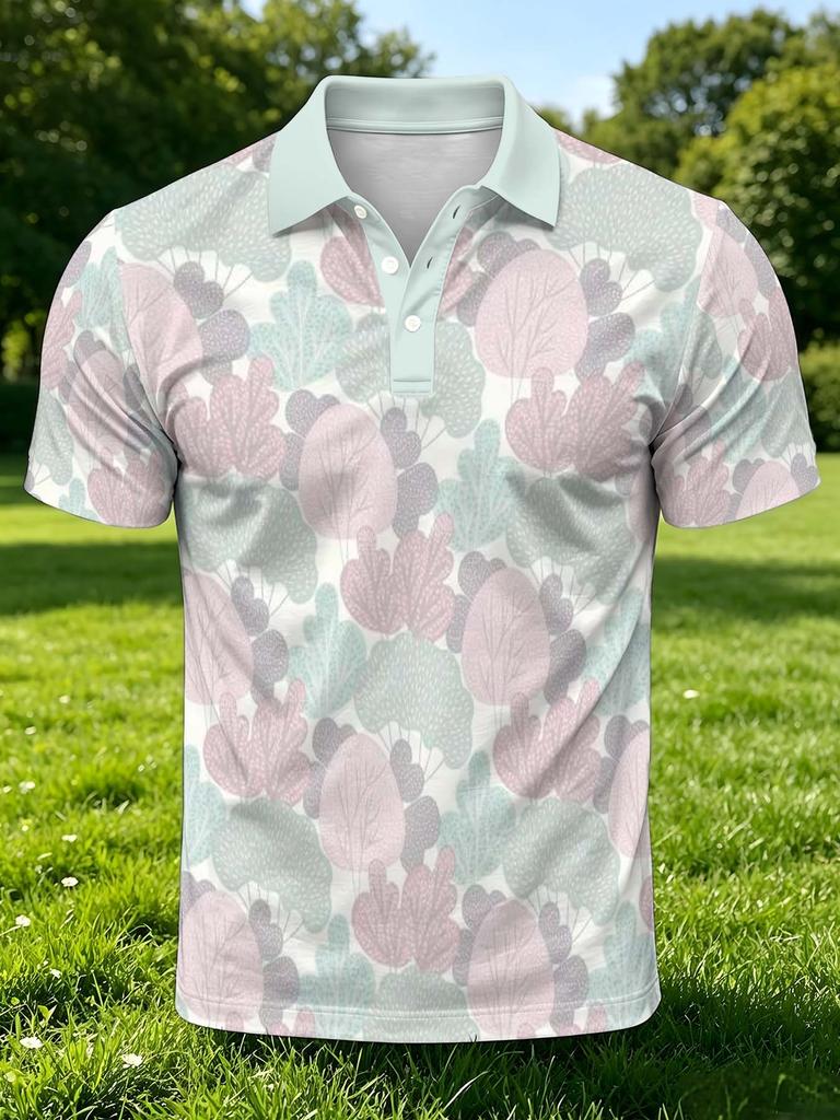 [Printed Design - Not Textured] Light Mint Collar Macaron Pink Green Leaf All-Over Print Men'S Short Sleeve Polo Shirt