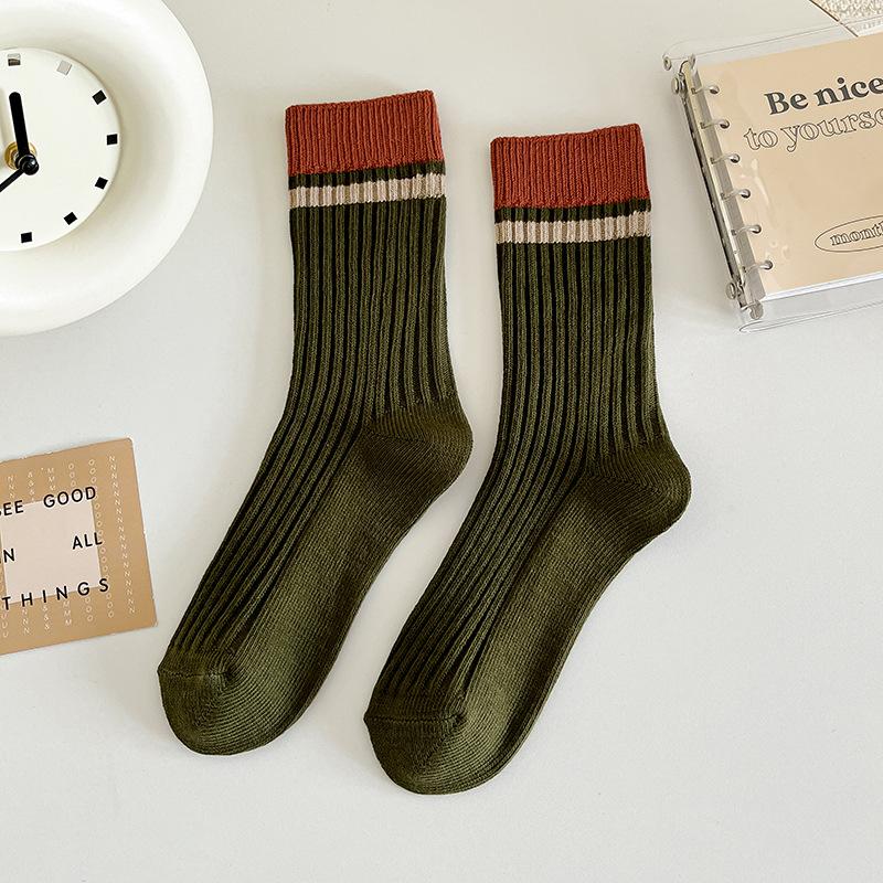 Female Autumn and Winter Thickened Warm Pure Color Cotton Color Striped Retro Tube Stack Socks