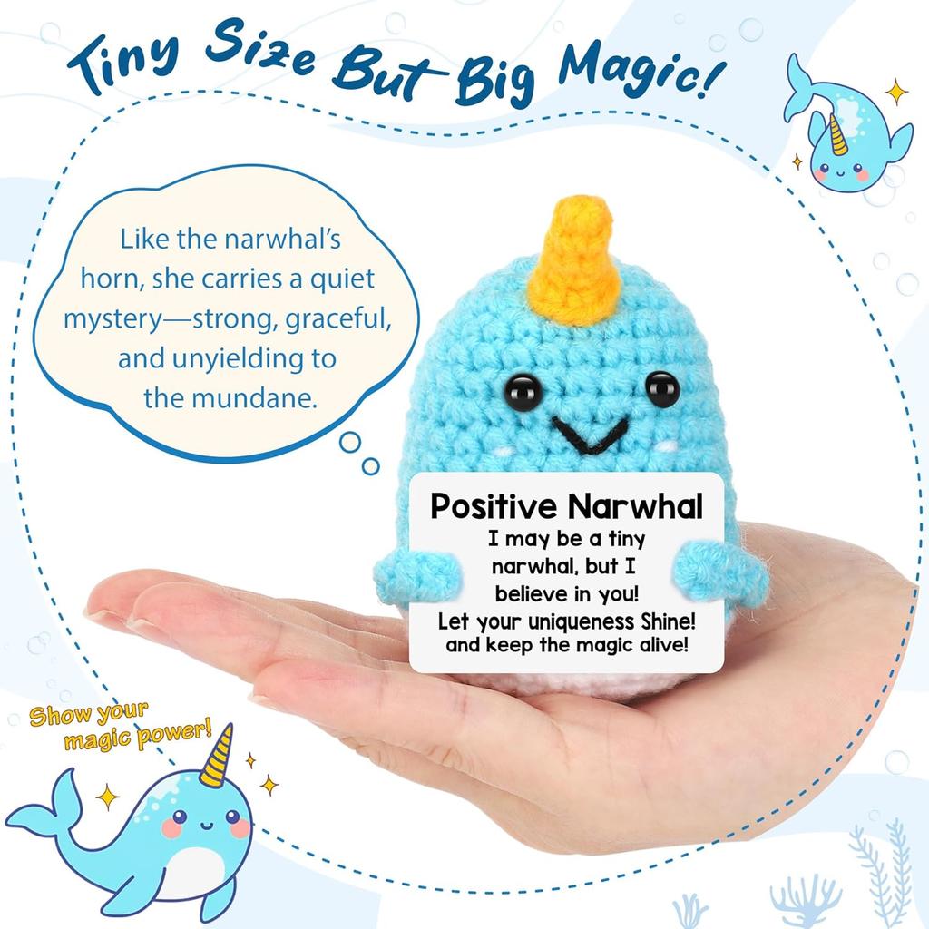 Handmade Knitted Positive Narwhal Doll With Card Home Room Decor Crochet Emotional Inspirational Support Narwhal Desk Ornament
