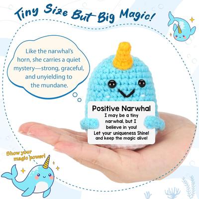 Handmade Knitted Positive Narwhal Doll With Card Home Room Decor Crochet Emotional Inspirational Support Narwhal Desk Ornament