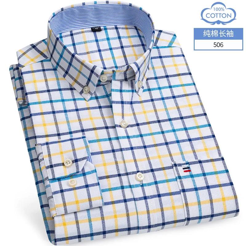 100% Cotton Oxford White Casual Shirts for Men Long Sleeve Buttons Plaid Shirt Striped Pocket Men Shirts Plus Size 7XL Camisas