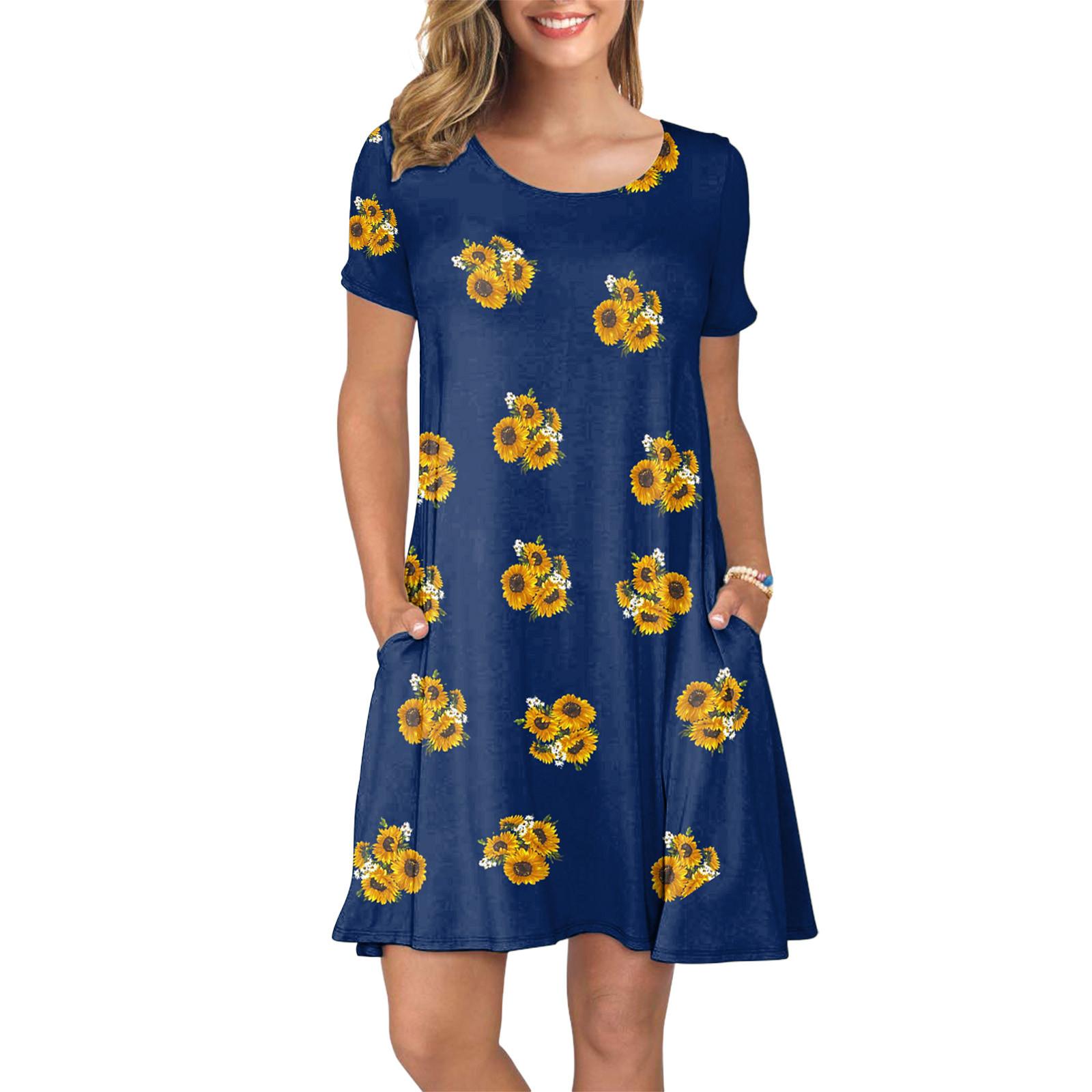 

Women Summer Short Sleeve Sunflower Printed Pockets Sundress Casual Swing Dress L Темно-синій