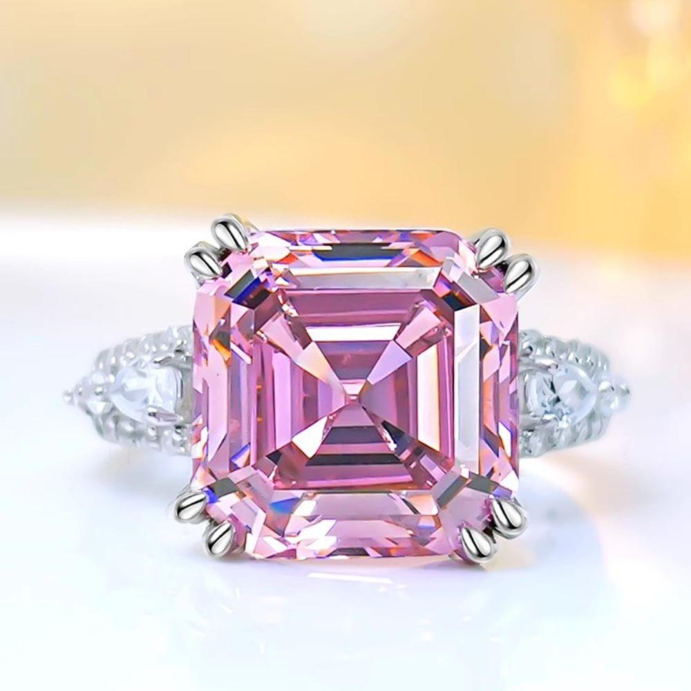 Exclusive Open Ring with Asscher Cut Pink and Yellow Diamonds High Carbon Inlay for Women adjustable