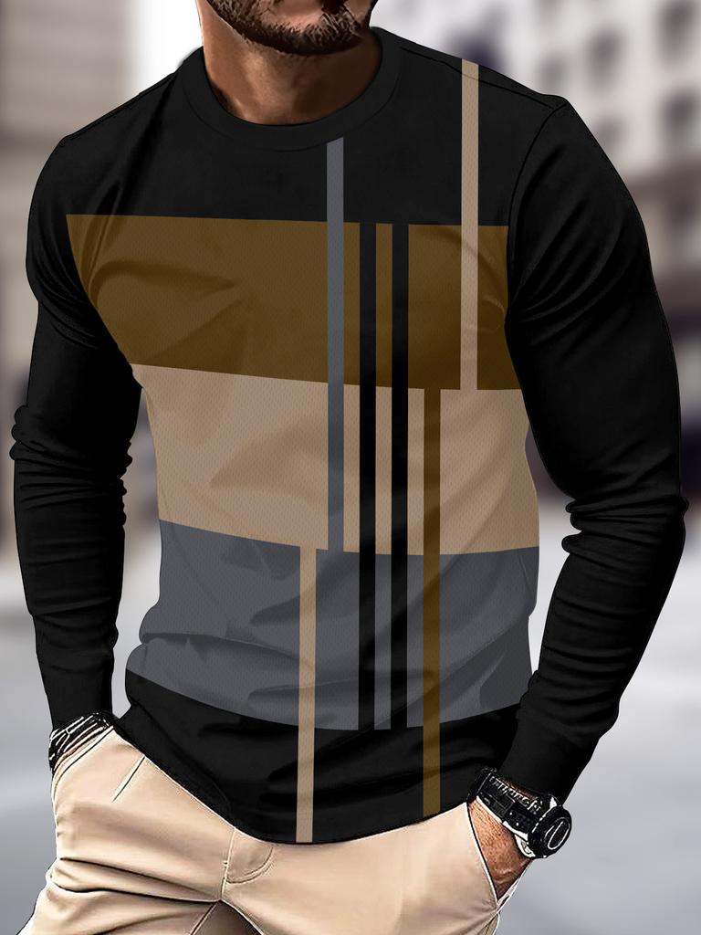 Trendy Men's Long Sleeve T-Shirt, Geometric Design, Casual Comfort Fit