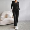 2025 Autumn Women's Cross-border Casual V-neck Rib-knit Set with Loose Straight-leg Pants