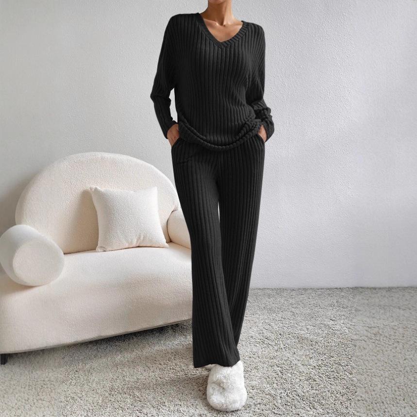 2025 Autumn Women's Cross-border Casual V-neck Rib-knit Set with Loose Straight-leg Pants