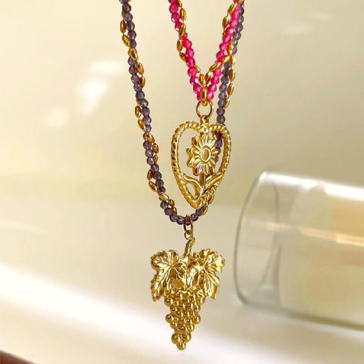 Modern Stainless Steel Necklace with Heart Flower/Grape Charm Crystal Beads Adjustable Closure Neckchain Accessory