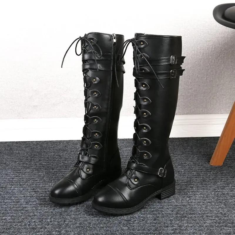 Fashion New Fashion Women's Knee High Boots Brand Lace Up Platform Shoes Sexy Buckle PU Vintage Buckle Luxury Shoes Designer Snow Boots
