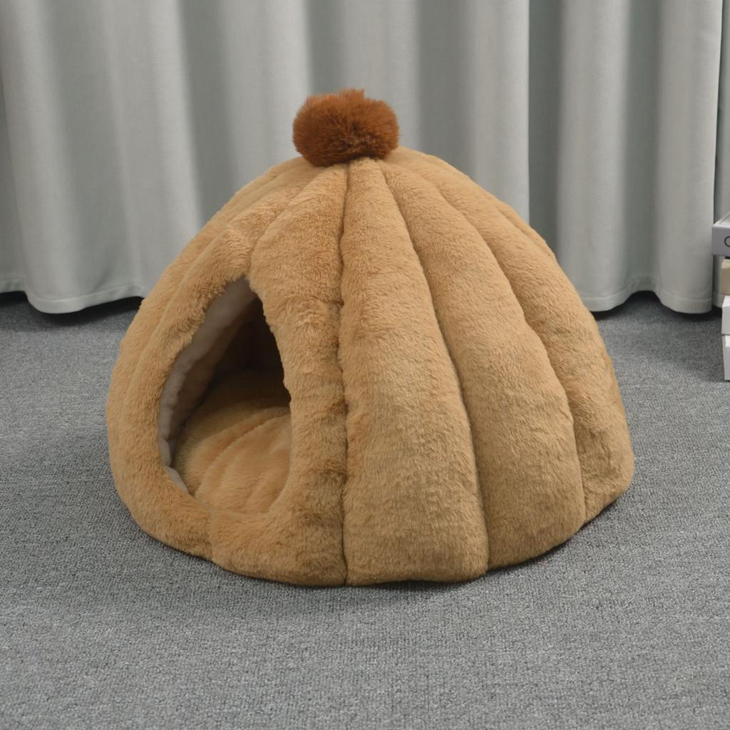 Cat Bed Winter Warm Thick Pumpkin Mongolian Enclosed Safe Sleep Cat House For Indoor Use