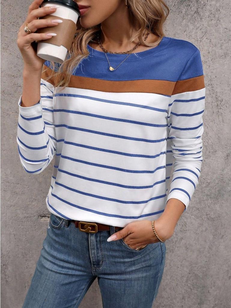 Damen T-Shirt 3D Streifen Colorblock Print Mode Langarm Rundhals Regular Top Feiertagswochenende Frühling und Herbst