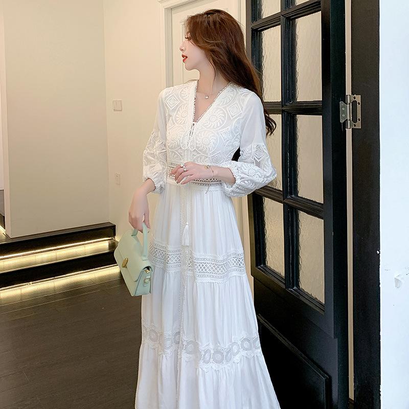 Spring Summer Women's White Long Dress Women Boho Lace Dresses Female Beach Holiday Hollow Out Dress Ladies Elegant Vintage Loose Vestidos