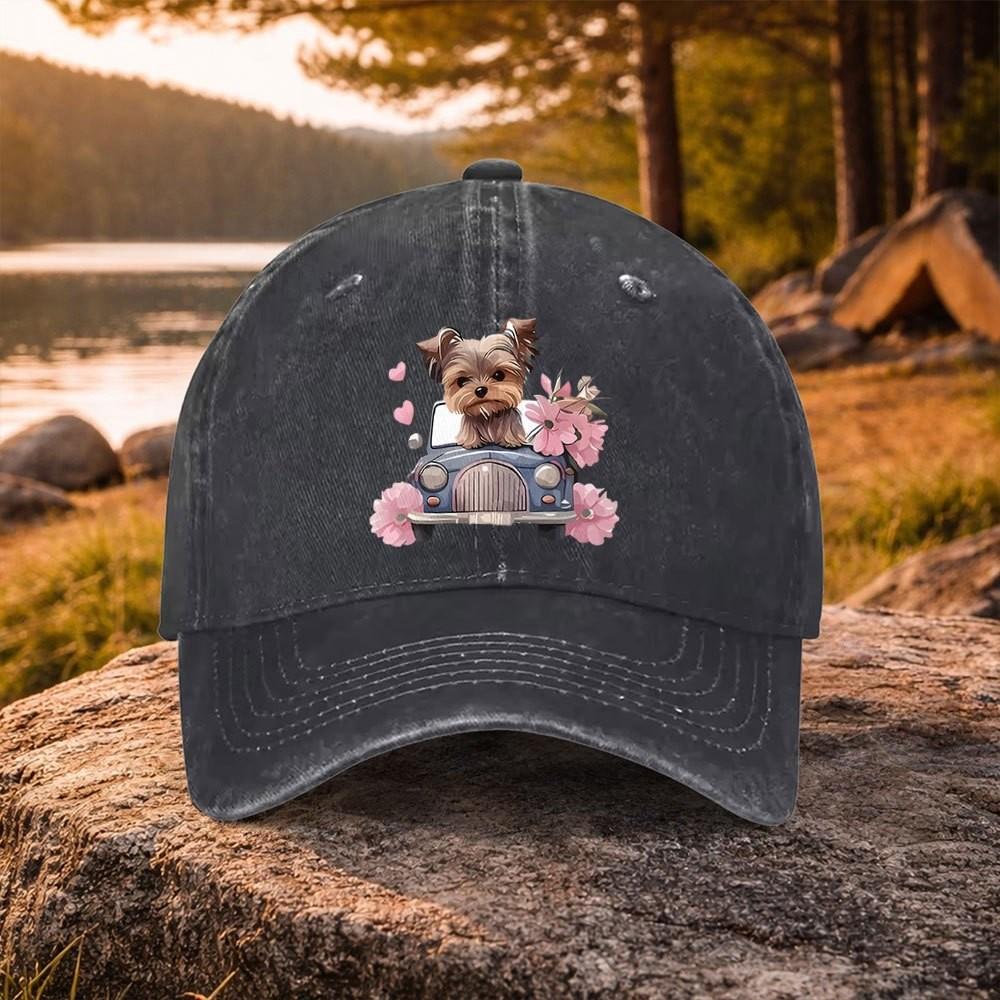 Yorkie Dog in Car Baseball Cap Adjustable Cotton Washed Denim Outdoor Golf Cap