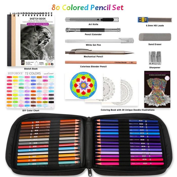 HIFORNY 80 Color Pencil Set with 72 Colors, Sketchbook, and 0.5 Sharp Pencil (80 Count)