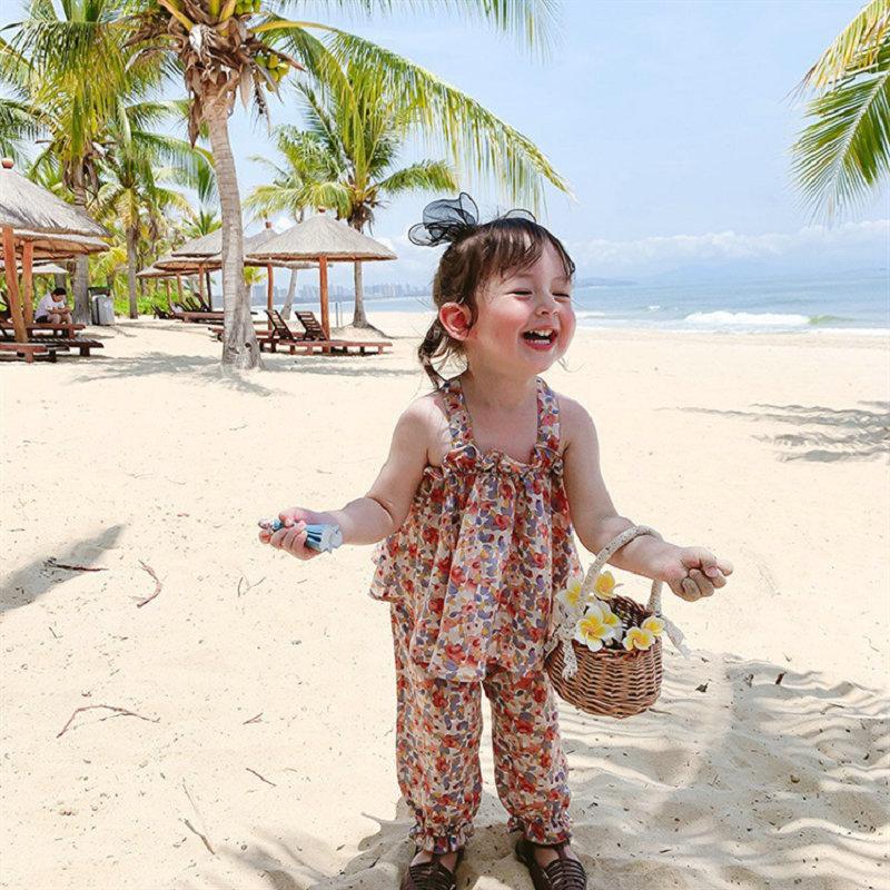 MAITA Summer New Girls' Set Flower Strap Top and Crop Pants