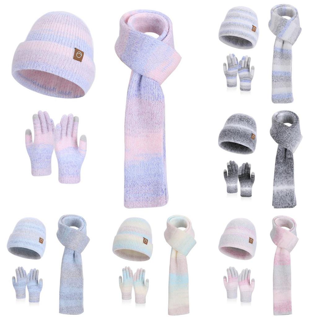 Knitted Hat Scarf Gloves Threepiece Winter Warmth Set For Ladies With Wind Resistance