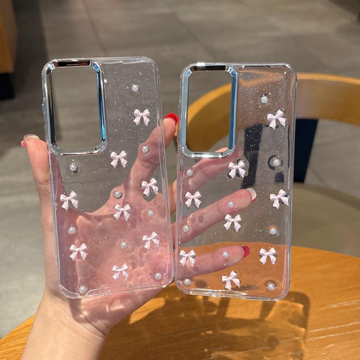 

3D Bowknot Drip Glue Pearl Clear Case For Samsung S25 S24 S23 Plus Ultra A56 A36 A26 A16 A06 A55 A35 A25 A54 Cute Bow Tie Cover Galaxy S25