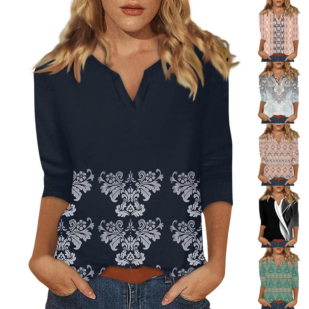 Women's Stand Collar 3/4 Sleeve Printed Top T-shirt