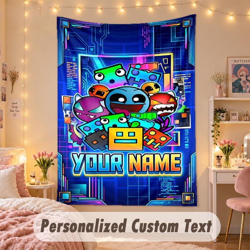 Custom Personalized Tapestry,Geometry Dash Print Custom Name Text Wall Art Hanging for Bedroom