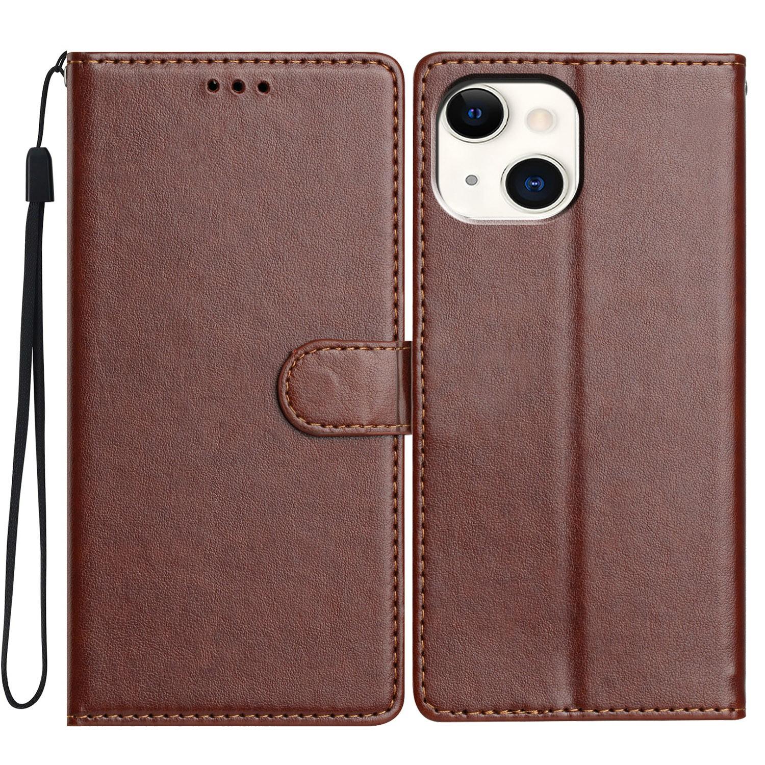 

For iPhone 14 Plus Leather Phone Case Wallet Stand Cover with Handy Strap Brown