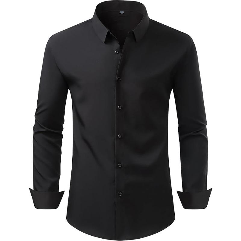 Men Solid Long Sleeve Dress Shirt with Black Buttons, 4-Way Stretch Wrinkle Free Business Formal Shirt, Cross-border Hot Selling Shirt