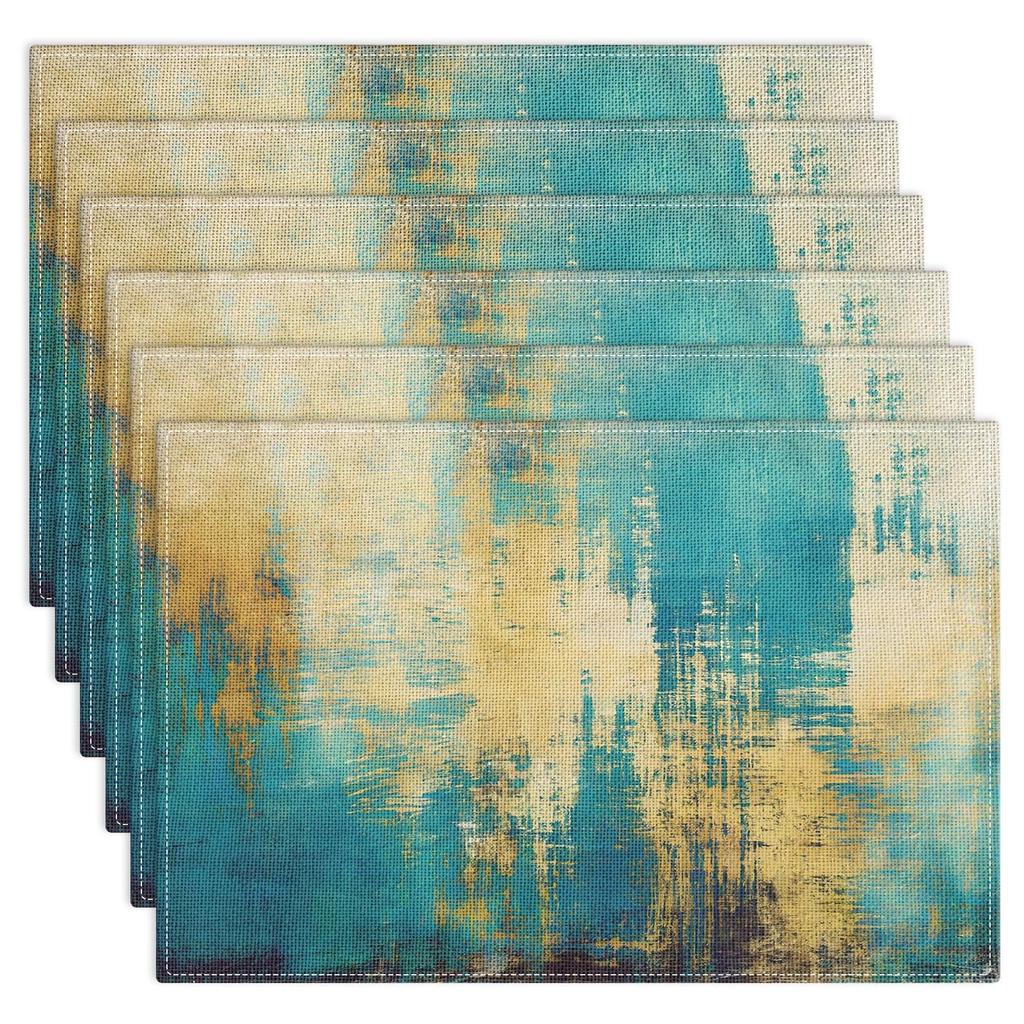 Farmhouse Placemats Set of 4, 12x18 Inch Modern Teal and Grey Abstract Art Painting Table Mats for Outdoor Home Party Kitchen Dining Decoration