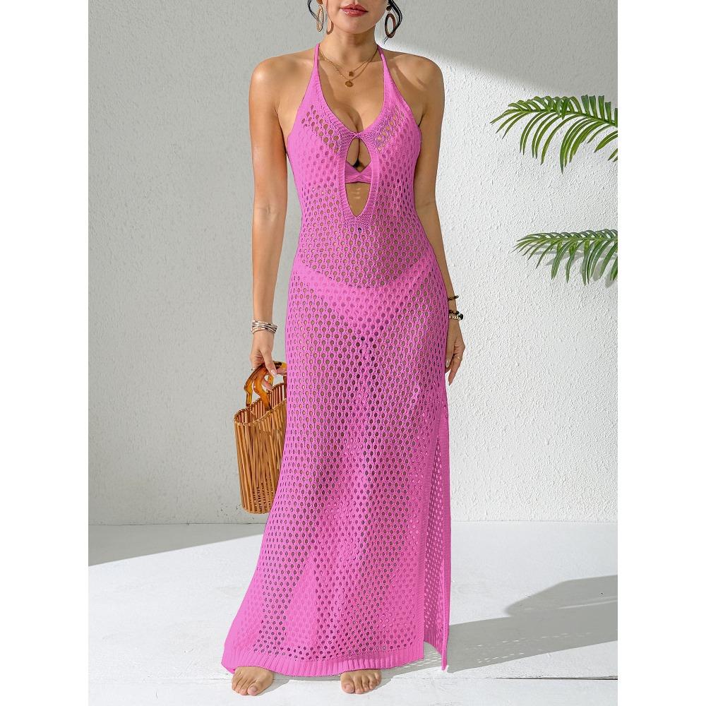 V-neck Fitted Backless Knitted Dress with Neck Strap Decoration and Open Side Slit Full-skirted Beach Dress for Women