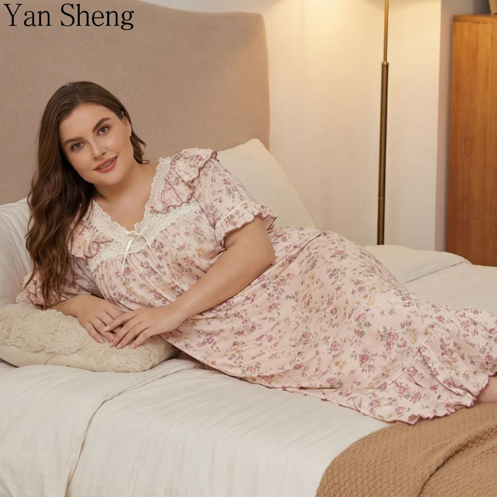 Floral Print Nightgown Women V‑Neck Lace Ruffle Short Sleeve Midi Loose Plus Size Romantic Pastoral Casual Sleepwear