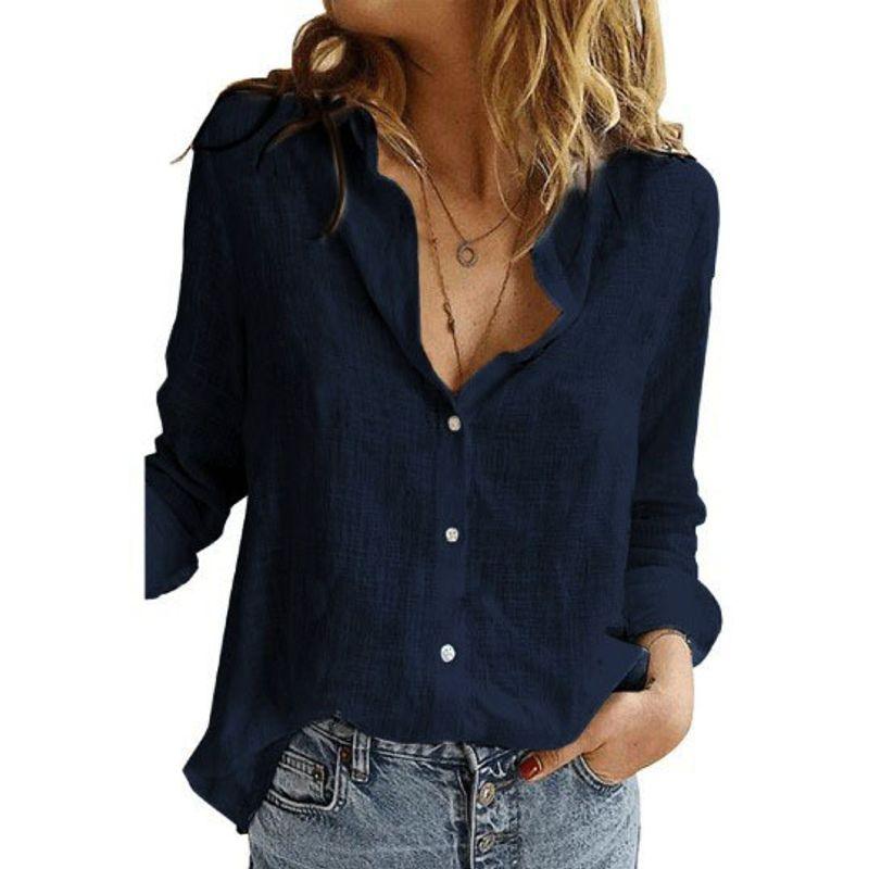 Solid-Color Lapel Short-Sleeve Loose Top Lapel Short Sleeve Loose Shirt for Women
