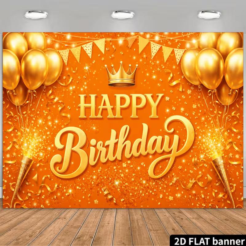 2D Royal Birthday Party Backdrop, Orange Gold Crown  Happy Birthday  Photo Booth Banner 47.2x31.5inch/120*80cm