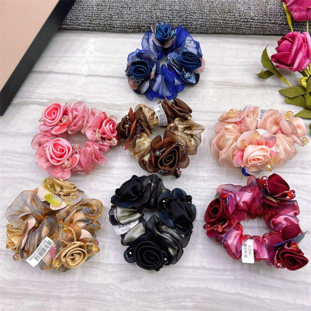 3 Flower Lace Hair Scrunchies Elegant Bun Rubber Bands Large Intestine Hair Ring Daily Use