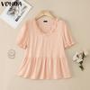 VONDA Elegant Women V Neck Puff Sleeve Ruffled Casual Loose Blouse