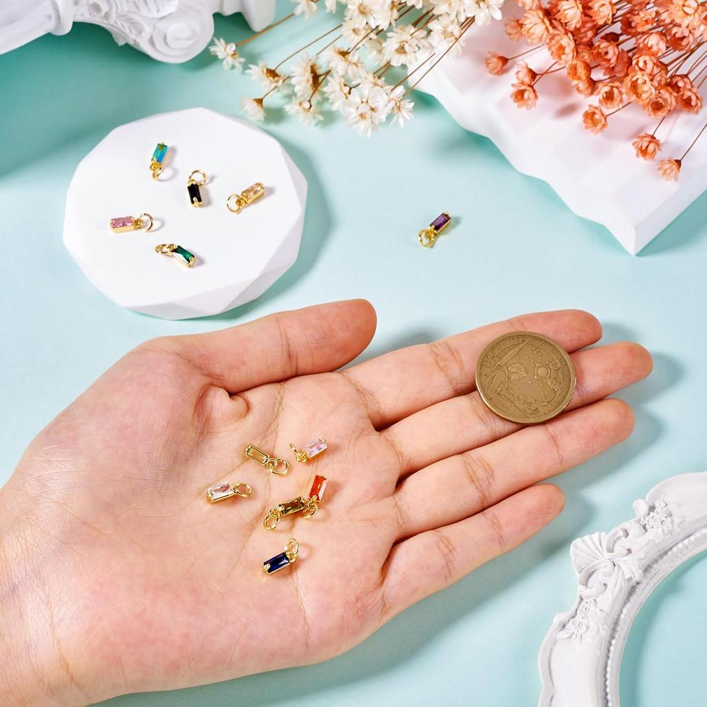 Pandahall 12Pcs 18K Gold Plated Rectangle Charms Cubic Zirconia Birthstone Charms Brass Crystal CZ Stone Pendants with Jump Ring for Jewelry Making