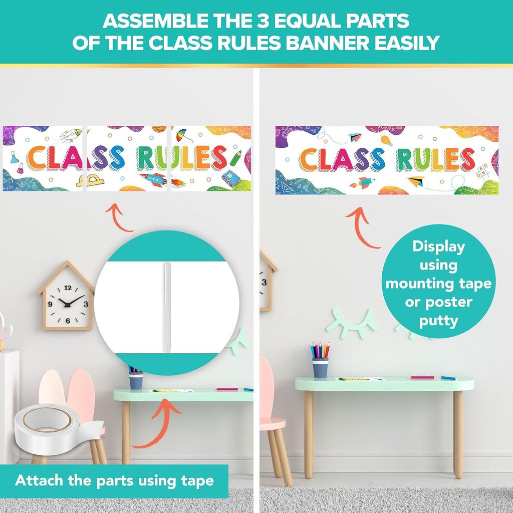 Decorably 10 Colorful Classroom Rules Poster High School, pirational, Matte-Laminated Decor - for Hallways, Bulletin Boards, Library