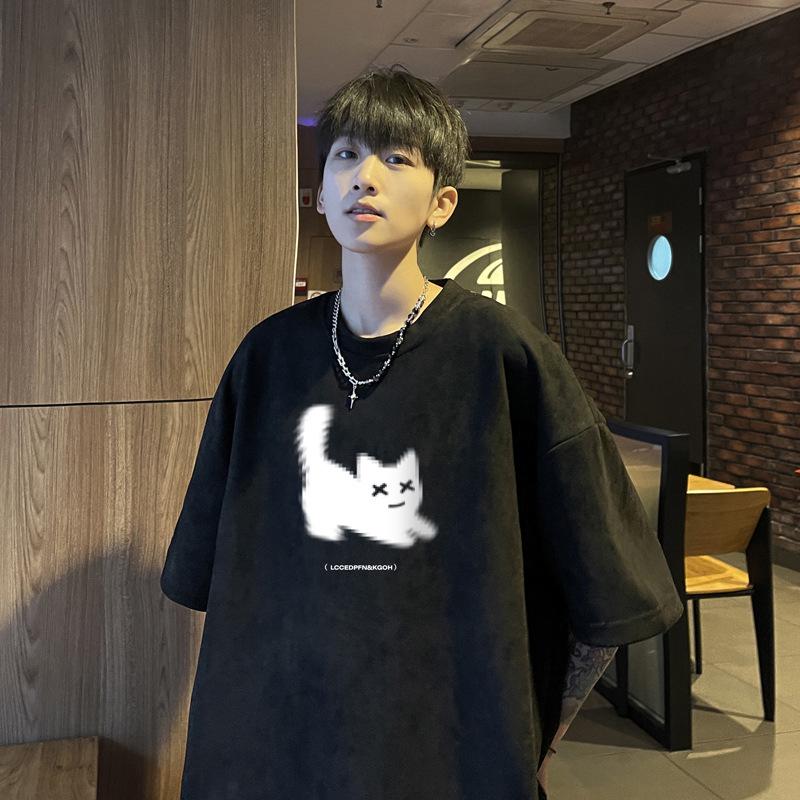 

Мужская футболка из плотной замши с короткими рукавами и круглым вырезом — модный и универсальный летний топ 2XL чёрный