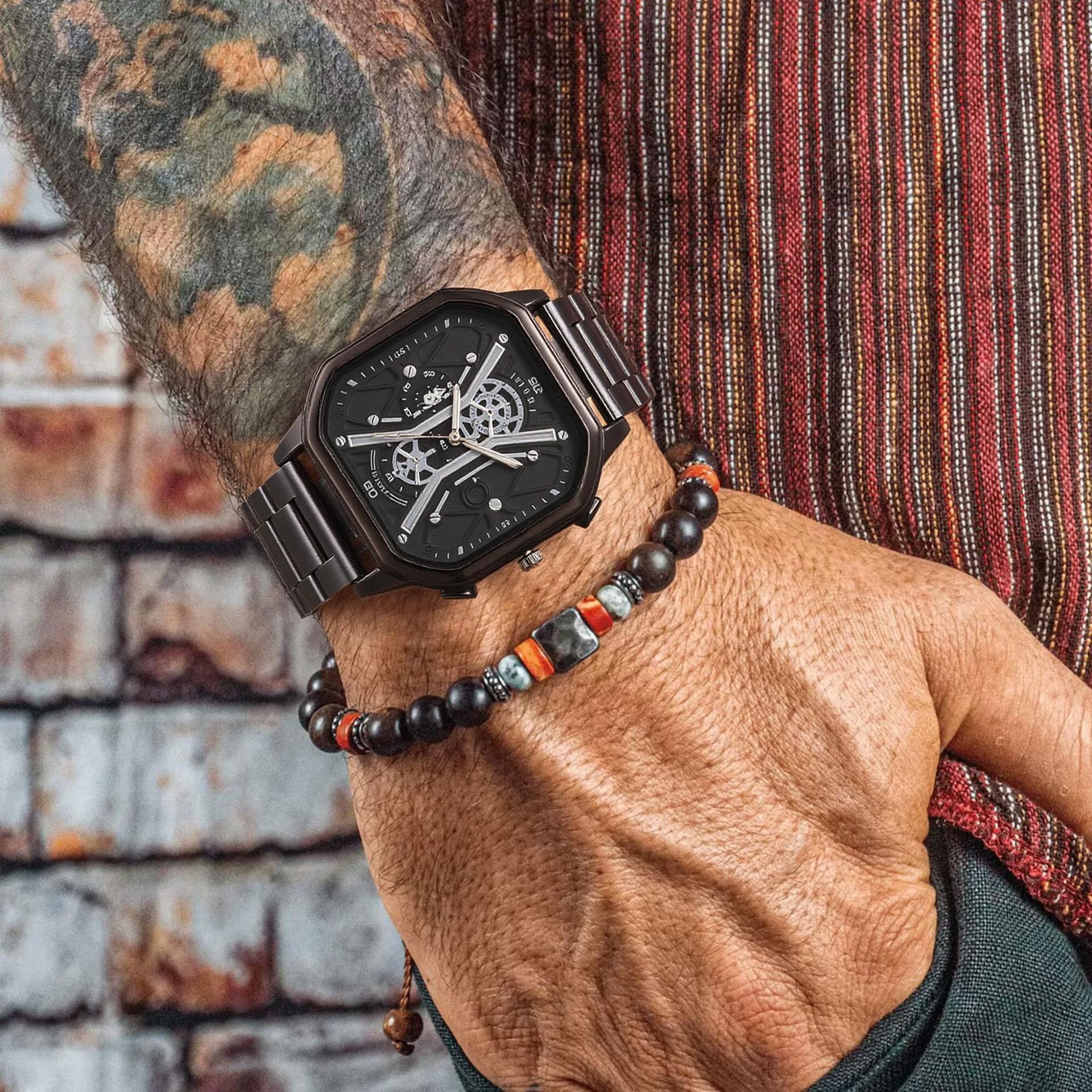 

Trendy Men s Personality Accessories Combination Square Hollow Mechanical Watch Retro Beaded Bracelet Hard Langfeng Daily Colloc чорний