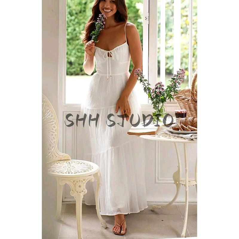 Spring New Women's Clothing Seaside Vacation Style Silm V Neck Backless High Waist A- Line Mini Sling Dress