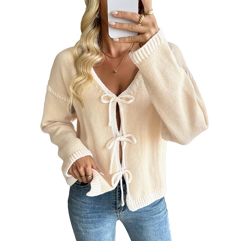 New Autumn and Winter Style Contrasting Color High-end Tie Cardigan Knitted Sweater Coat for Women