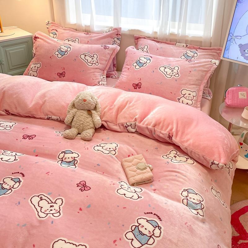 Winter Thickened Milk Fleece Bed Four-piece Set New Coral Fleece Flannel Single Quilt Cover Bed Sheet Three-piece Set Bedding