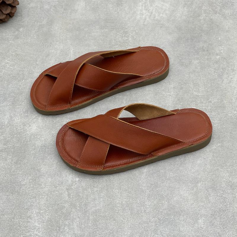 Johnature Handmade Genuine Leather Flat Slippers Soft Cowhide Soft Sole Comfortable Women's Outdoor Slides