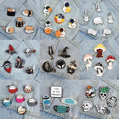 4-6PCS Cartoon Brooch Set Witch Cat Gothic Skull Lapel Pin Astronaut Plant Animal Musical Instrument Badge Bag Jewelry Wholesale