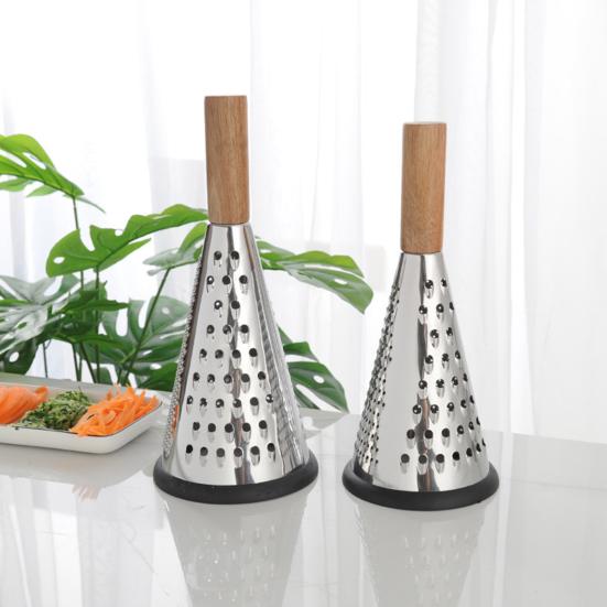 Stainless Steel Cone Cheese Grater with Wood Handle 3 Sided Vegetable Shredder for Grating Cheese Chocolate Vegetables