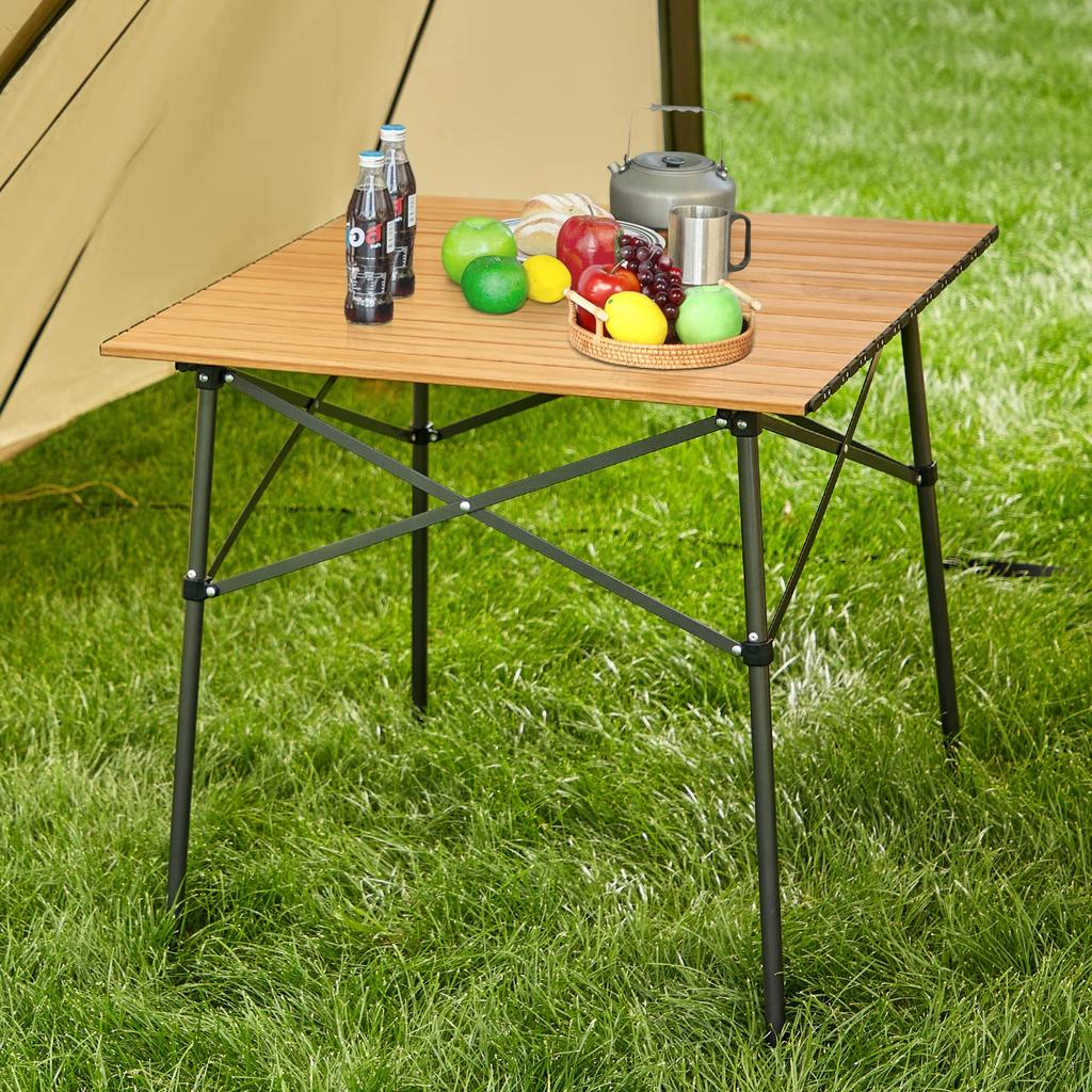 TIMBER RIDGE Outdoor Table Folding Telework Weight Load Capacity 45kg Aluminum Roll Table Camping BBQ Storage Bag Included Compact Home Work Wood