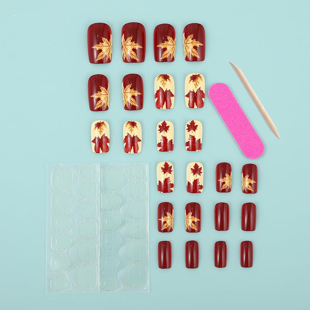 24Pcs Fall Press on Nails Medium Square Fake Nails with Autumn Leaves Designs Red Autumn Maple Leaf False Nail Thanksgiving Acrylic Nails Kit Red