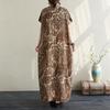 QICED Simple Fashion V-neck Long Dress Cotton Silk Print Summer Fat Plus Short-sleeved Crew-neck Dress