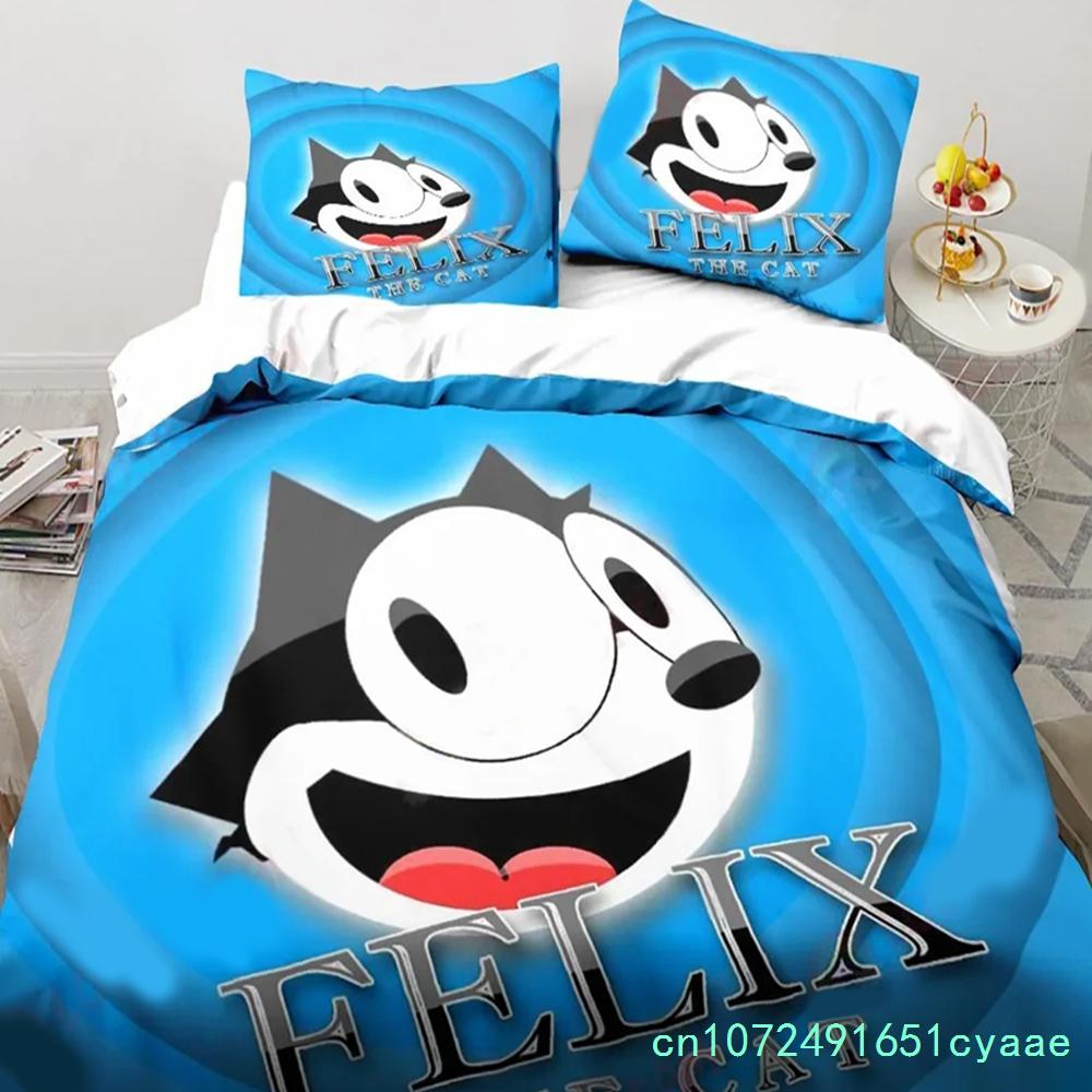 Carino Set Biancheria da Letto Cartone Animato Gatto F-Felix, Copripiumino Coperta Set Letto Copripiumino Federa, Dimensioni King Queen Twin Bambini Bambine Adulti