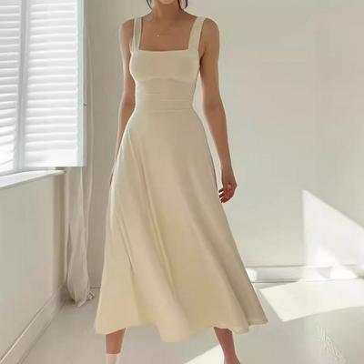 Summer Midi Dress Square Neck Sleeveless A-line Flowy Hem Backless Pure Color High Waist OL Commuting Dating Prom Party Midi Dre