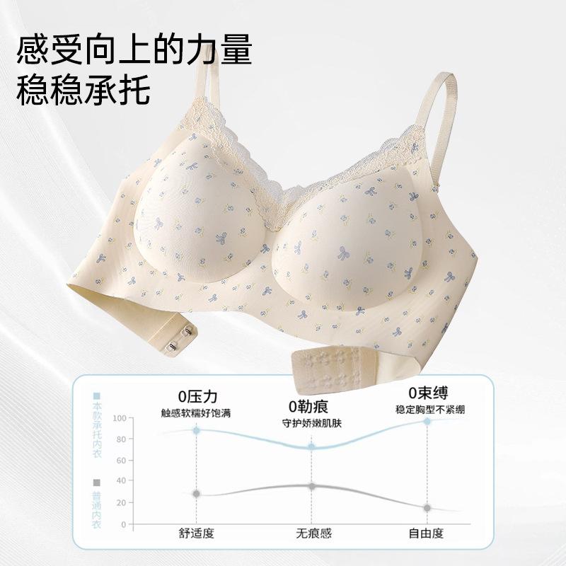 Sweet Floral Underwear Women's Small Breasts Gather Without Steel Rings, Comfortable Integrated Fixed Cup, Breathable Collection, Non-marking Bra