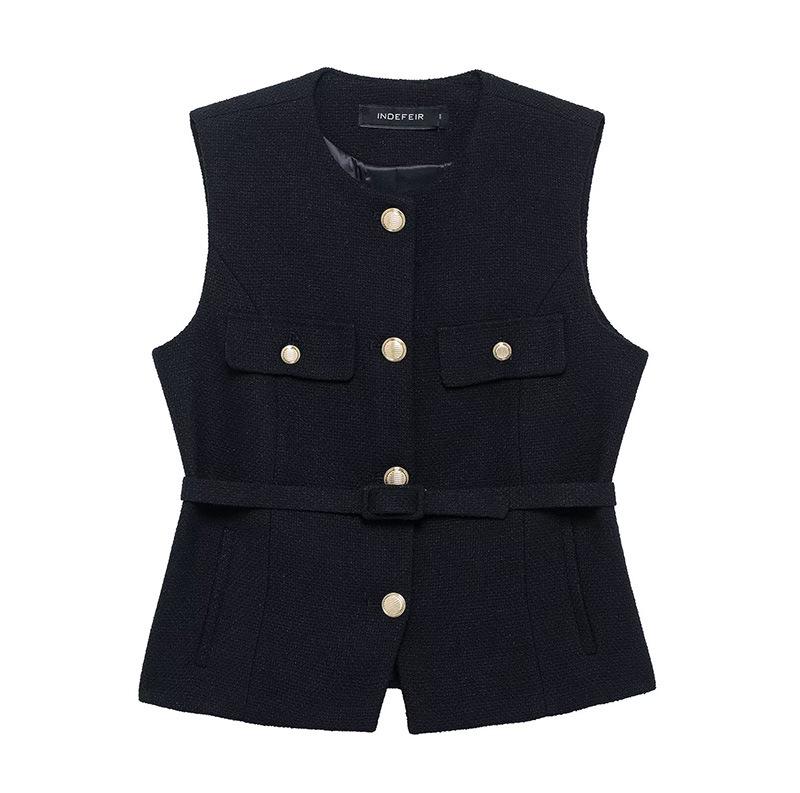 

Весна 2025 Европейский и американский стиль Жилет букле с пайетками и поясом - Женский повседневный модный топ Extra Small