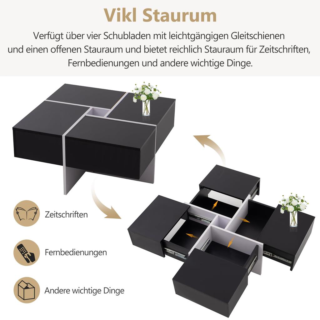 Couchtisch Hochglanz 4 Schubladen Moderner Kaffeetisch Sofatisch Beistelltisch Teetisch, Büro, Empfang, Bis 30KG