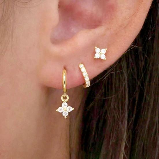 3er Set Vierblättrige Kleeblatt Ohrringe, Zirkonia Ohrstecker Stapelbare Ohrringe, Ohrstecker Ohrklemme Klappbügel Ohrring Schmuckset